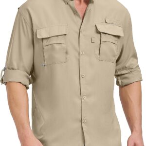 Mens Safari Shirts Long Sleeve UV Protection Hiking Fishing UPF 50+ Quick Dry Camping Travel Shirts