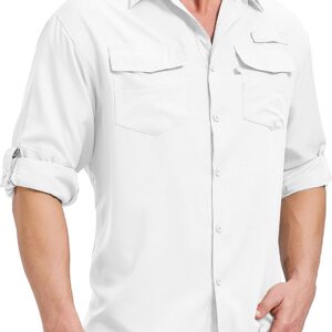 Mens Safari Shirts Long Sleeve Fishing Shirt Sun Protection UPF 50 UV Quick Dry for Hiking Outdoor Camping Travel