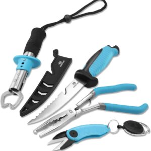 Mossy Oak 4pc Fishing Tool Kit – Pistol Grip Fishing Pliers, Fish Fillet Knife, Fishing Gripper, Line Snip, Fly Fishing Retractor with Retractable Lanyard