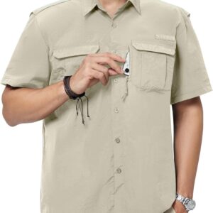Men’s Short Sleeve Fishing Shirt Summer Waterproof Hiking Button Down Shirt with Zipper Pocket Lightweight