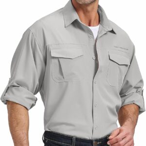 Mens Safari Sun Shirts UPF 50+ UV Sun Protection Long Sleeve Outdoor Quick Dry Fishing Hiking Gardening Shirts