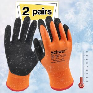 Schwer 2 Pairs FreezeGuard Winter Work Gloves, ANSI A2 Cut Resistant Freezer Gloves for Outdoor Cold Weather Keep Hands Warm, Waterproof Gloves for Shoveling Snow, Ice Fishing, XL