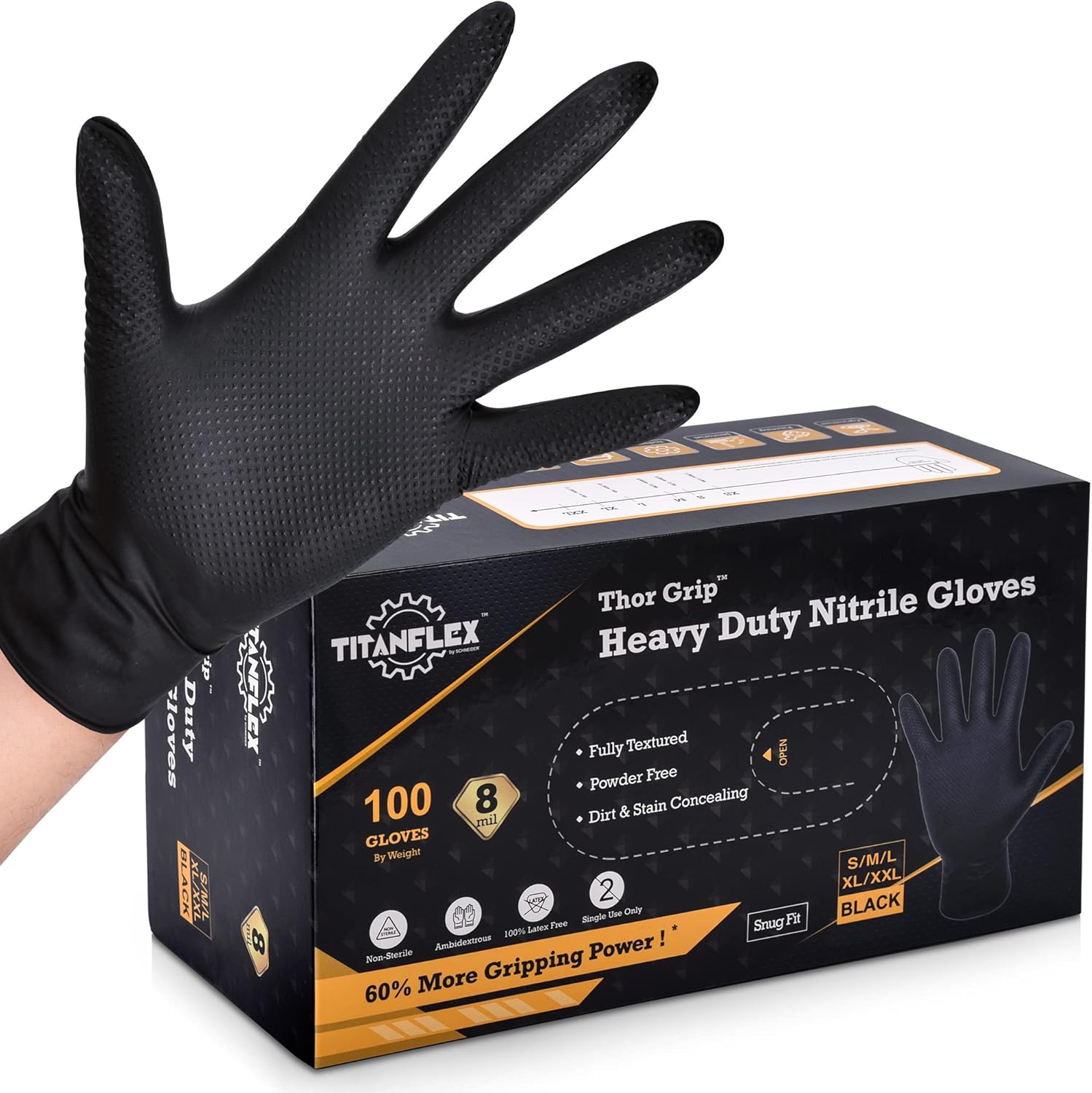 TitanFlex Thor Grip Heavy Duty Black Industrial Nitrile Gloves with Raised Diamond Texture, 8-mil, Latex Free
