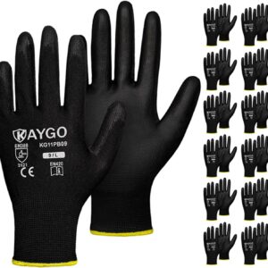 KAYGO Safety Work Gloves PU Coated-12 Pairs, KG11PB, Seamless Knit Glove with Polyurethane Coated Smooth Grip on Palm & Fingers, for Men and Women, Ideal for General Duty Work (Large, Black)