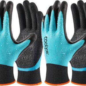 COOLJOB Waterproof Gardening Work Gloves Gifts for Women & Men, Double Rubber Coated Non-slip Working Gloves Bulk for Garden Yard Gardener Outdoor Construction Worker, Unisex Blue Medium Size 2 Pairs