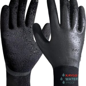 KAYGO Waterproof Work Gloves for Men and Women, Rubber Coated Non-slip Working Gloves for Garden, Outdoor Construction,KG150,Black,L