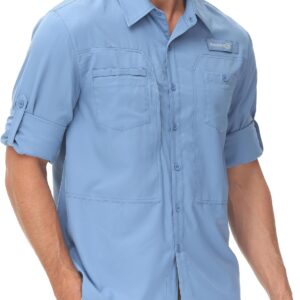 Men’s UPF 50+ Sun Protection Fishing Shirts Long Sleeve Lightweight Hiking Travel Work Button Down Shirt Zipper Pocket