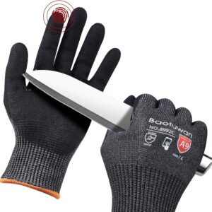 ANSI A9 Cut Resistant Work Gloves for Men, Touchscreen Fishing Gloves with Reinforced Thumb, Sandy Nitrile Coated, Knife Proof Anti-Slip Rubber Gloves for Glass Handling Wood Carving, Black 1 Pair, L