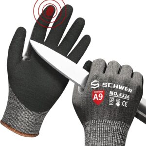 Schwer ProGuard Highest Level Cut Resistant Work Gloves PR3326 for Extreme Protection，ANSI A9 Cut Gloves with Reinforced Thumb, Non Slip, Breathable, Cooling, Durable, Touch-screen, Black 1 Pair（L）