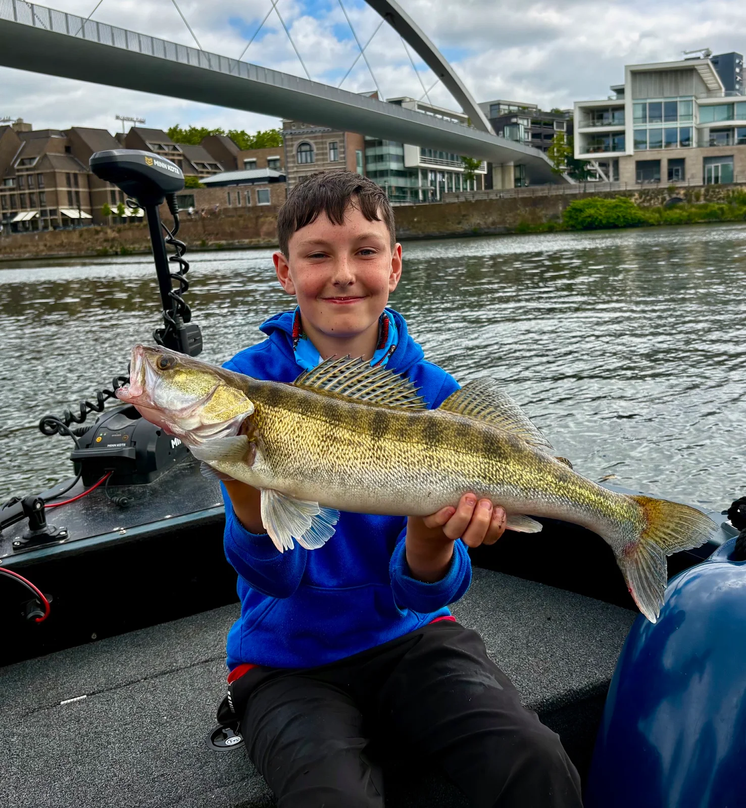 Ruaridh Casey with a Zander caught on night crawlers on a dropshot on the River Meuse in Belgium